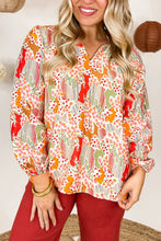 Load image into Gallery viewer, Orange Printed Split V Neck Puff Sleeve Blouse
