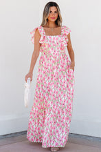 Load image into Gallery viewer, Pink Floral Print Square Neck Ruffled Strap Maxi Dress
