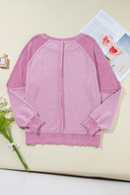 Load image into Gallery viewer, Pink Waffle Knit Patchwork Exposed Seam Raglan Sweatshirt
