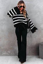 Load image into Gallery viewer, Black Caped V Neck Slit Sleeve Striped/Solid Sweater
