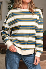 Load image into Gallery viewer, Khaki Stripe Crew Neck Drop Shoulder Pullover Sweatshirt
