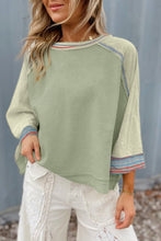 Load image into Gallery viewer, Meadow Mist Green Waffle Knit Wide Bracelet Sleeve Patchwork Raglan Top
