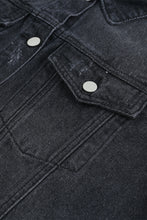 Load image into Gallery viewer, Black Lapel Distressed Raw Hem Buttons Denim Jacket
