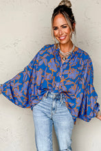 Load image into Gallery viewer, Blue Floral Print Batwing Sleeve Buttoned Loose Fit Shirt
