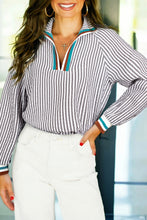 Load image into Gallery viewer, Dark Grey Striped Print Contrast Patchwork Detail Split Neck Blouse
