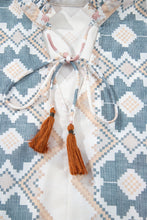 Load image into Gallery viewer, Khaki Geometric Print Tassel Tie Split Neck Balloon Sleeve Blouse
