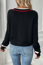 Load image into Gallery viewer, Black Contrast Striped Trim V Neck Drop Shoulder Sweater
