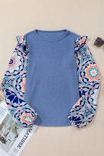 Load image into Gallery viewer, Ashleigh Blue Ruffled Floral Sleeve Patchwork Waffle Knit O Neck Blouse

