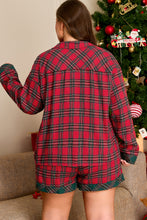Load image into Gallery viewer, Red Plus Size Plaid Contrast Patchwork Long Sleeve Shirt and Shorts 2pcs Pajama Set
