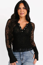 Load image into Gallery viewer, Black Sheer Lace Long Sleeve Slim Henley Top
