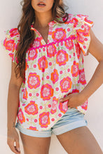 Load image into Gallery viewer, Rose Floral Ruffled Sleeve Ric-rac Trim Split Neck Loose Blouse
