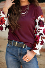 Load image into Gallery viewer, Wild Ginger Contrast Floral Sleeve Solid Ribbed Body Patchwork Long Sleeve Top
