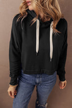 Load image into Gallery viewer, Black Solid Drop Shoulder Drawstring Cropped Hoodie
