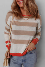 Load image into Gallery viewer, Apricot Colorblock Striped Round Neck Drop Shoulder Sweater
