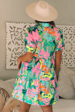 Load image into Gallery viewer, Green Floral Puff Sleeve Collar Buttoned Babydoll Dress
