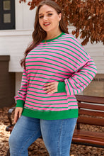 Load image into Gallery viewer, Pink Stripe Waffle Knit Crew Neck Plus Size Sweatshirt
