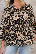 Load image into Gallery viewer, Black Floral Shirred Yoke Bracelet Sleeve Split Neck Boho Blouse
