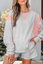 Load image into Gallery viewer, Light Grey Color Block Raw Hem Pullover and Casual Shorts Set
