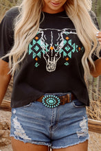 Load image into Gallery viewer, Carbon Grey Vintage Western Bull Head Skull Turquoise Aztec Graphic T Shirt
