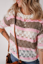 Load image into Gallery viewer, Brown Stripe Color Block Hollow Out Crochet Half Sleeve Sweater
