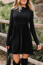Load image into Gallery viewer, Black Frilled Neck Ribbed Knit Patchwork Long Sleeve Mini Dress
