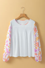Load image into Gallery viewer, White Tropical Leaf Printed Patchwork Sleeve Round Neck Top

