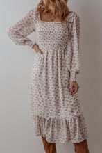 Load image into Gallery viewer, White Floral Print Shirred Ruffled Hem Square Neck Midi Dress
