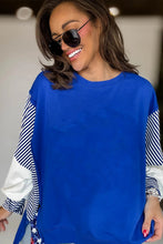 Load image into Gallery viewer, Dark Blue Striped Patchwork Sleeve Colorblock Sweatshirt
