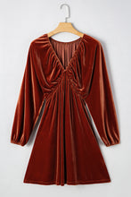 Load image into Gallery viewer, Clay Elastic V Neck Puff Sleeve Short Velvet Dress
