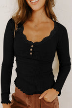 Load image into Gallery viewer, Black Lace Neckline Button Decor Lettuce Edge Long Sleeve Ribbed Top

