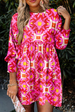 Load image into Gallery viewer, Strawberry Pink Geometric Print Smocked Long Sleeve Mini Dress
