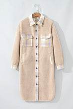 Load image into Gallery viewer, Smoke Gray Plaid Patchwork Collared Button-up Sherpa Long Coat
