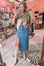 Load image into Gallery viewer, Sky Blue Leopard Denim Frayed Split Denim Midi Skirt
