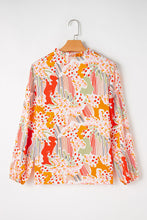 Load image into Gallery viewer, Orange Printed Split V Neck Puff Sleeve Blouse
