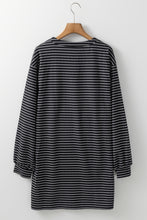 Load image into Gallery viewer, Black Striped V Neck Long Puff Sleeve Shift Dress
