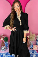 Load image into Gallery viewer, Black Contrast Leopard Frilled Trim V Neck Bracelet Sleeve Midi Dress
