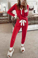 Load image into Gallery viewer, Fiery Red Contrast Trim Button V Neck Ribbon Bow Knot Waist 2pcs Lounge Pant Set
