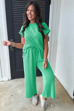 Load image into Gallery viewer, Bright Green Solid Corded Knit Short Sleeve T Shirt and Wide Leg Pants Set
