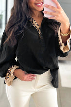 Load image into Gallery viewer, Black Contrast Leopard Print Patchwork Polo Collar Buttons Front Ruffled Long Sleeve Blouse

