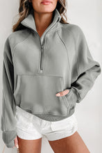 Load image into Gallery viewer, Gray Fleece Lined Zip Up Stand Collar Thumbhole Sleeve Sweatshirt
