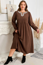 Load image into Gallery viewer, Coffee Embroidered Notched Neckline Textured Pleated High Waist Plus Size Midi Dress
