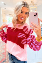 Load image into Gallery viewer, Pink Floral Patch Color Block Striped Sleeve Textured Top
