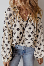Load image into Gallery viewer, White Printed Split Neck Bubble Sleeve Loose Blouse
