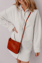 Load image into Gallery viewer, Khaki Stripe Long Sleeve Button Up Mini Shirt Dress
