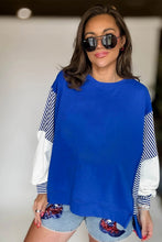 Load image into Gallery viewer, Dark Blue Striped Patchwork Sleeve Colorblock Sweatshirt
