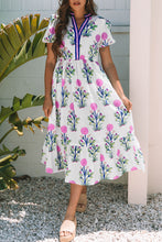 Load image into Gallery viewer, White Floral Puff Short Sleeve V Neck High Waist Maxi Dress
