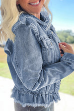 Load image into Gallery viewer, Beau Blue Ruffle Raw Hem Flap Pockets Denim Jacket
