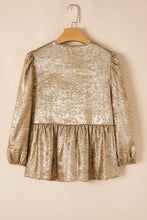Load image into Gallery viewer, Gold Bow Tie Front Puff 3/4 Sleeve Ruffle Hem Blouse
