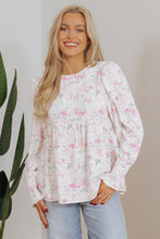 Load image into Gallery viewer, Pink Floral Print Shirred Balloon Sleeve Keyhole Back Babydoll Blouse
