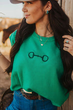 Load image into Gallery viewer, Bright Green Horse Bit Embroidered Loose Short Sleeve Sweater
